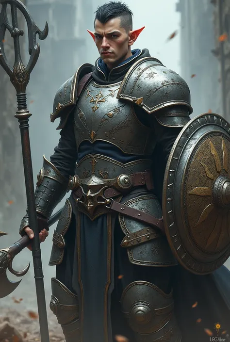 Male elf dark short hair White skin dark blue eyes no beard with silver heavy armor , Flail morningstar and tower shield