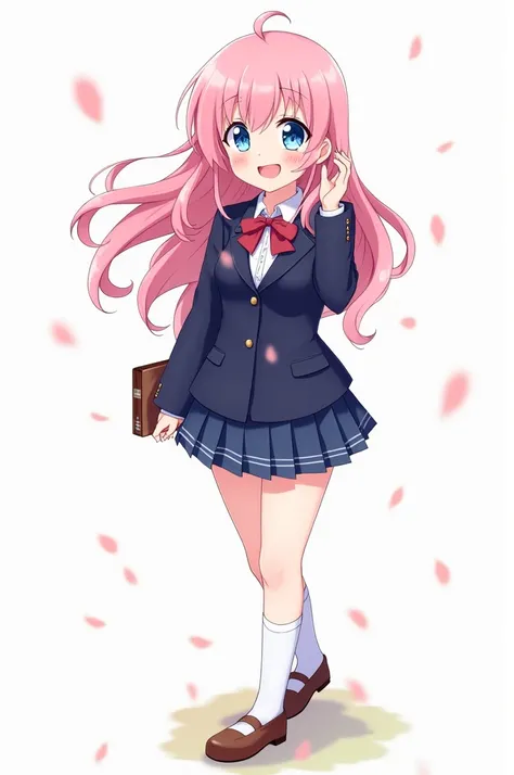 

*"A full-body illustration of an anime girl standing in a vibrant outdoor setting. She has long flowing pink hair, big sparkling blue eyes, and wears a school uniform with a navy-blue blazer, pleated skirt, and knee-high socks. Her expression is cheerful...