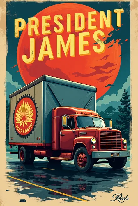 The poster of the parcel delivery truck has the words &quot;President James&quot; and a lotus cogwheel.