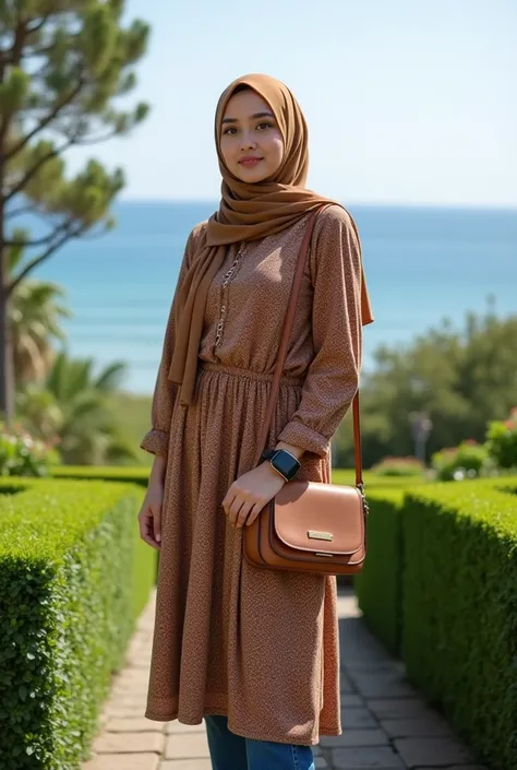 Please give me a photo of a young woman wearing a patterned long-sleeved dress, brown color and hijab, wearing jeans,shoes, iPhone smartwatch ((full body)), a professional figure standing facing the viewer in the middle of a garden with a sea view in the b...