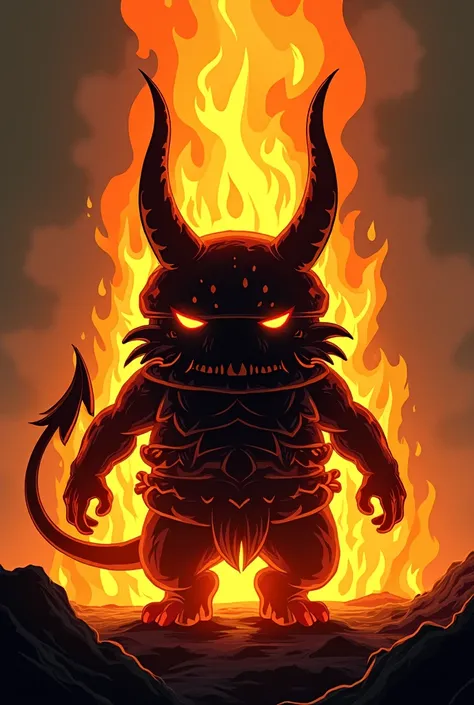 Linear silhouette of flaming burger with horns and tail