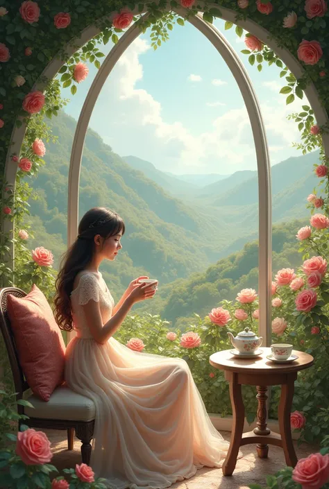 Girl sitting on a chair drinking tea in a dome in the middle of a rose garden, There is a tea set on the table., panoramic view of the garden, The large garden made the girl look small.