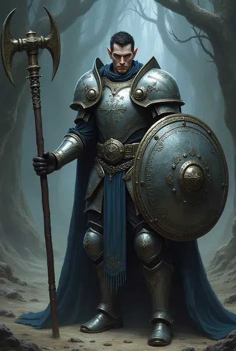 Male elf dark short hair White skin dark blue eyes no beard with silver heavy armor , Flail and tower shield