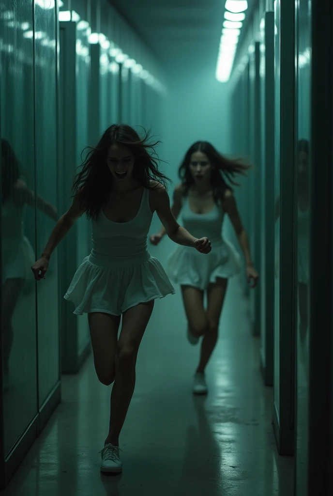 create a realistic highly details 8k resolution on  "Create a dark and eerie image of a 2 woman wearing a white short skirt, running away from fear as she enters a mysterious mirror maze. Show her body language conveying fear, with a terrified expression, ...