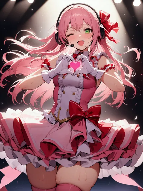 masterpiece, best quality, very aesthetic, absurdres, 1girl, solo, pink hair, long hair, hair ribbon, ribbon, bangs, green eyes, one eye  closed, smile, open mouth, faint lips, headset, idol, idol clothes, red bow, pink dress, frilled dress, frills, gloves...