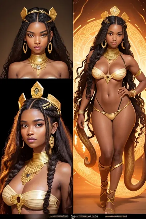 
A young 15- yr Medusas girl with African face features, charming face, perfect fullbody details, having large many snake pet, with a snake skin, body and hairs, (wavy hairstyles brown king cobra colors), ( having a dark skin tone texture masterpiece ), ( ...