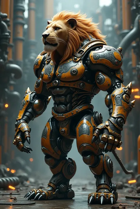 A man and lion colaib in one body in machine fom