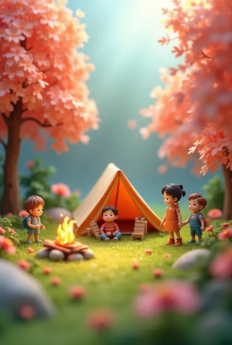 Camping in the campsite in the autumn, a 3D miniature scene of a tent surrounded by pink and white flowers and trees campfires, with children playing. The miniature landscape features a green grassland background, with axis shifting photography effects and...