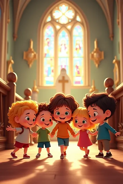 6 cartoon children gathered in a church