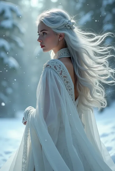 ((masterpiece, Highest quality, Best image quality, High resolution, Realistic, RAW Photos, 8k)), Silver-haired woman, Real perfection, cute,Perfect Standing Position,It&#39;s snowing,The wind is blowing and my hair and clothes are flying,mysterious,Fantas...