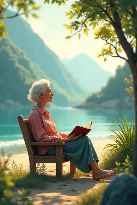 Retired elderly person enjoying a quiet and safe life in a relaxing environment such as a beach or mountain.