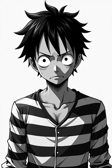 Monkey D. Luffy in black and white striped long sleeve prison uniform with teary eyes