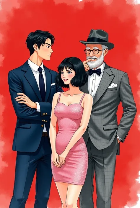 A stylish trio standing together against a bold red background. The man on the left has short black hair, wearing a dark blue suit and tie with arms crossed, giving a serious expression. The woman in the center has short black hair, wearing a sleeveless pi...