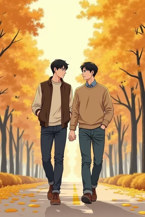 Mature manhua drawing style like Chinese comics: Two boys were walking side by side on a beautiful road in the middle of autumn., two rows of yellow leaves. Một chàng trai mặt vest và một chàng trai mặt áo gile và áo sơ mi