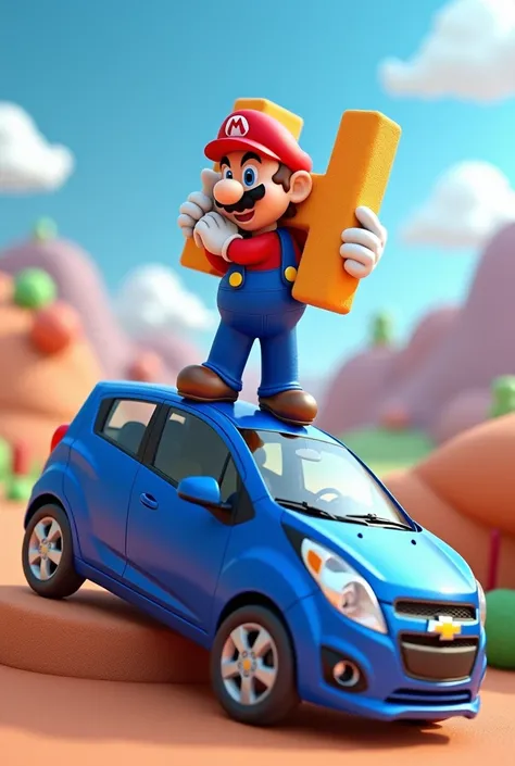 Make a blue Chevrolet Spark on its side with a Mario Bros figure holding an H on it