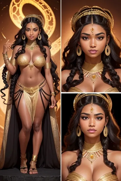 
A young 15- yr Medusas girl with African face features, charming face, perfect fullbody details, having large many snake pet, with a snake skin, body and hairs, (wavy hairstyles brown king cobra colors), ( having a dark skin tone texture masterpiece ), ( ...