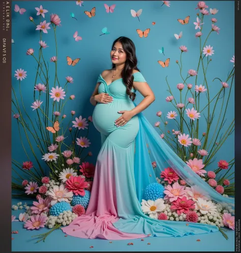 pregnant woman in a blue dress surrounded by flowers and butterflies, a colorized photo by Bernardino Mei, trending on cg society, art photography, cyan photographic backdrop, maternal photography 4 k, full body photoshoot, pink and blue colour, full body ...