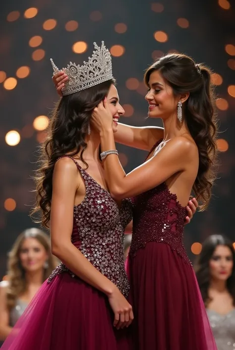 Crowning moment. From behind, The girl put the crown on the new miss Universe. Wear evening gown. 