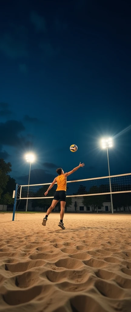 A professional DSLR capture of a solitary volleyball player on a sand court at night, poised to jump for a block. The night sky and floodlights create a striking contrast, with sharp details and shadows that bring out the energy and movement of the scene.
