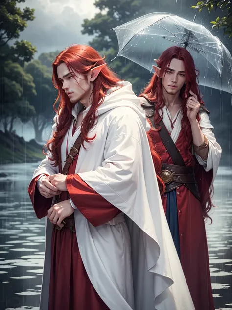 1 male, adult male, elf, red hair, long hair, red eyes, white clothes, long white cloak, plump lips, straight nose, cloudy sky, rain, wet hair, wet clothes, detailed background, deep blue lake