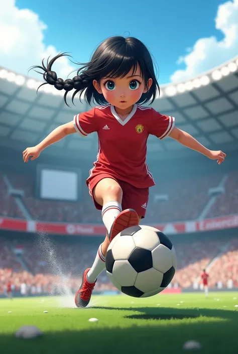 (whole body、from the front)、((One Girl:1.2、Little:1.2))、Black Hair、Big Blue Eyes、Braided Bob、Decisive moment、The moment he kicks the soccer ball very hard with his right foot:1.2、(motion-blur:1.2, speed-line)、The background is a football stadium