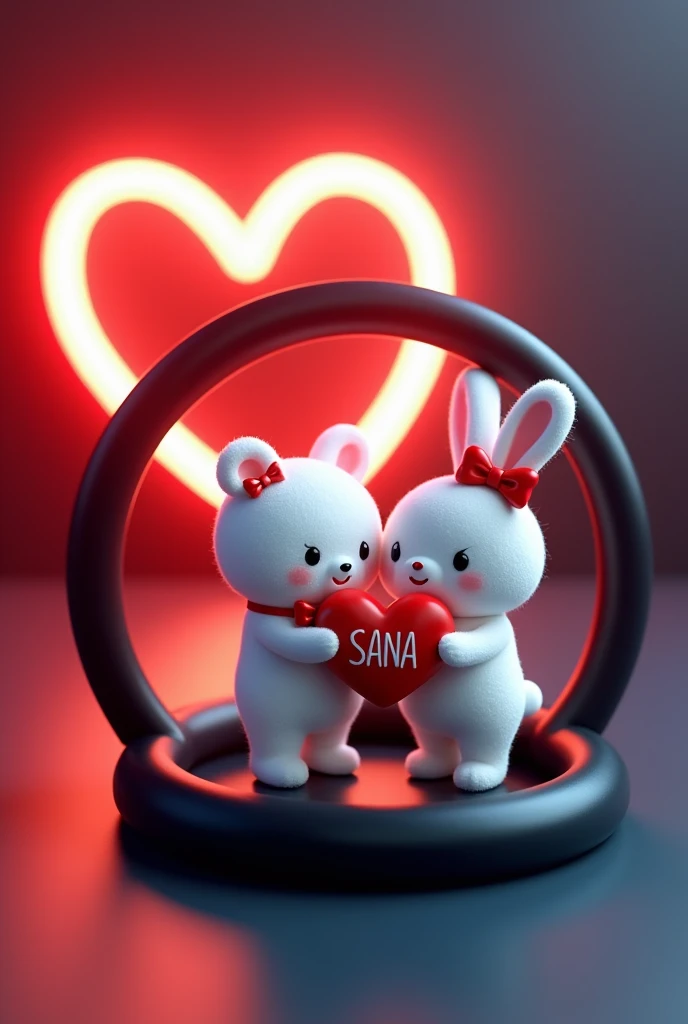 A 3D render of a white teddy bear and a white bunny rabbit wearing a red bow holding a red heart "SANA" written on it in Capital alphabets, are standing in a black bracelet. The bracelet is sitting on a dark red and blue surface with a neon red heart shape...