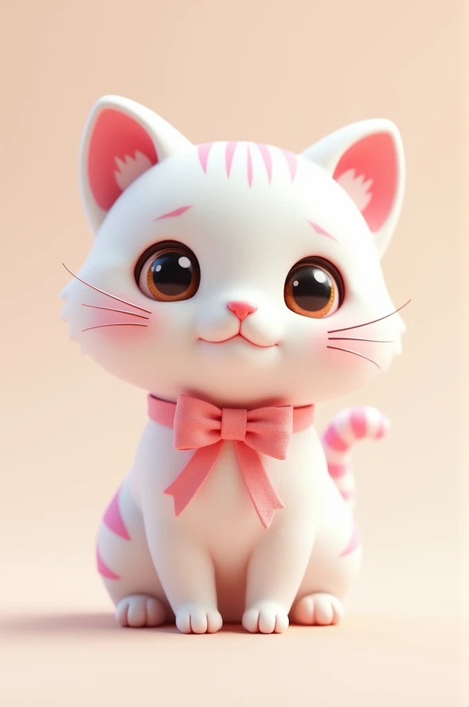 Chiby style, 3d model, a cat, White with pink stripes, sitting, wearing a pink ribbon around her neck,  