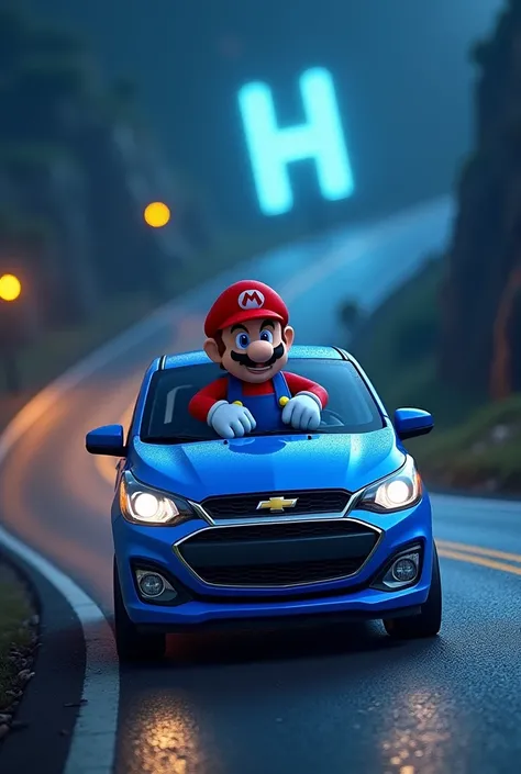 Make a blue Chevrolet Spark while Mario Bros drives it on a night road with an H in the background