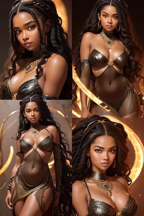 
A young 15- yr Medusas girl with African face features, charming face, perfect fullbody details, having large many snake pet, with a snake skin, body and hairs, (wavy hairstyles brown king cobra colors), ( having a dark skin tone texture masterpiece ), ( ...