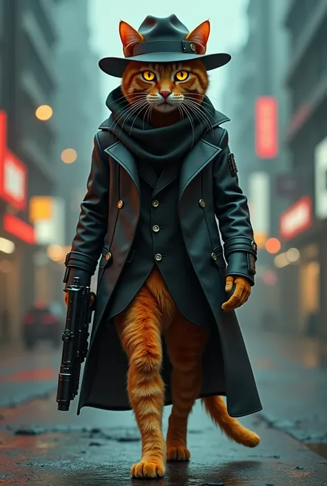 The orange cat from the future has a gun, Mafia hat, smoking, While walking in the city, 