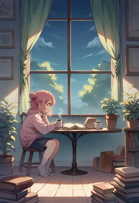 1girl, kawaii girl，A plant，Walls, window, book, coffee, table, night, cozy room, lofi style, full body,