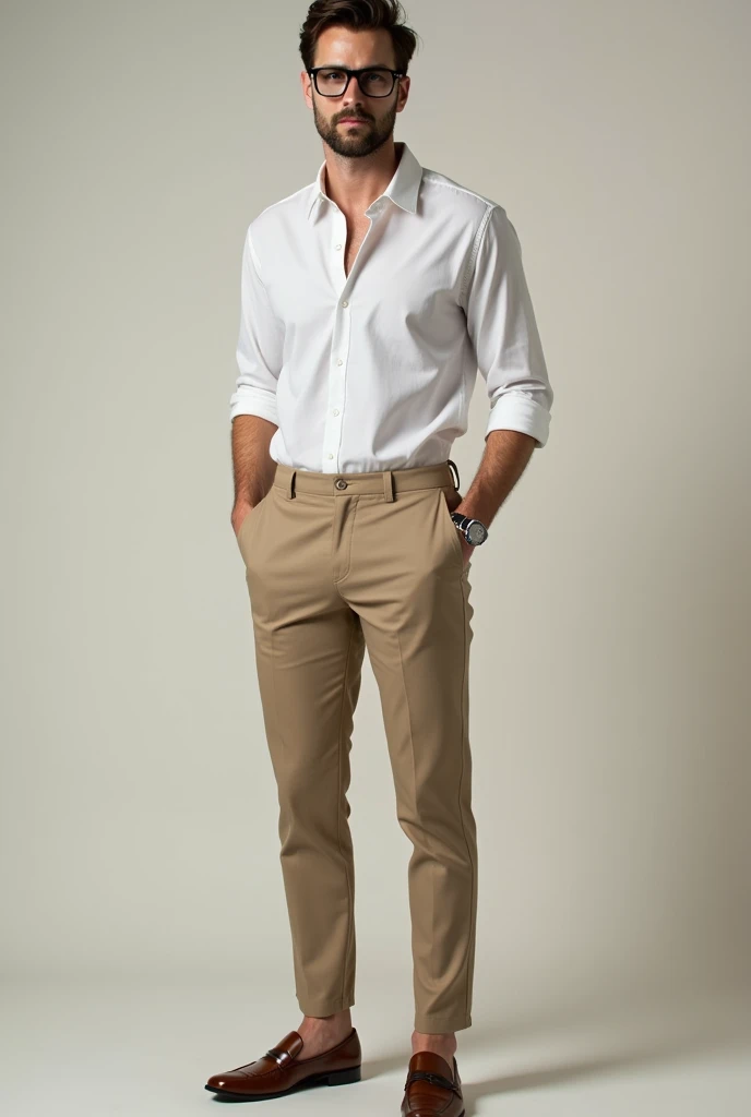 a man wearing loafer shoes, khaki pants, and a cropped shirt with glsses