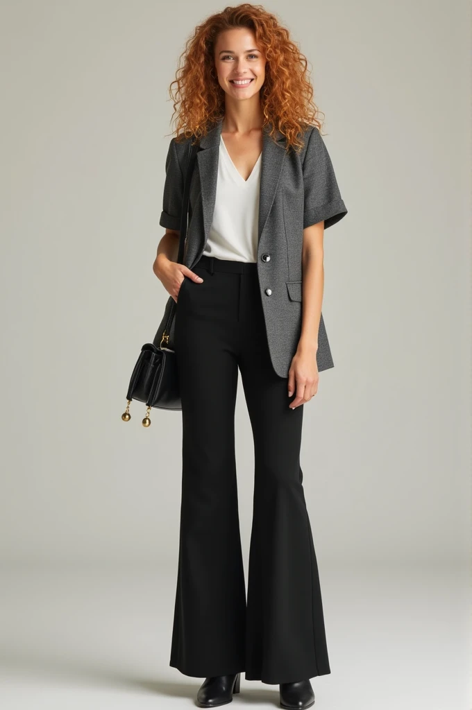 You can create a full body honey curly hair woman with a grey blazer with short sleeves and with soft black flared pants and a black side bag with black boots 