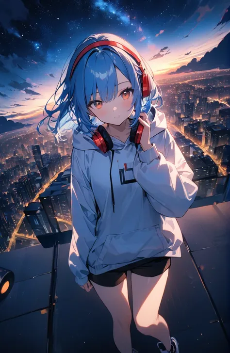 ((Amazingly absurd)),超High resolution, Attention to detail, high quality, High resolution, 最high quality, 4K, 8k、1 pretty girl、Blue Hair、White hoodie、Red headphones、Black shorts、Night view、Starry Sky、Fisheye Lens