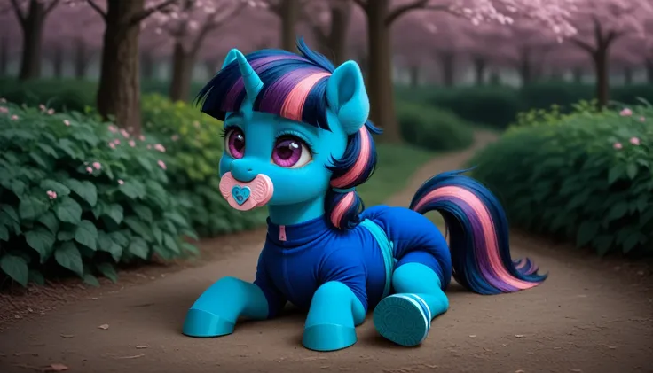 pony, Unicorn, purple wool, dark blue mane with purple streak and pink streak, the tail is dark blue with a purple strand and a pink strand, purple eyes, sitting outside, adult filly, dressed in a blue bodysuit and blue booties, blue pacifier in mouth, sol...