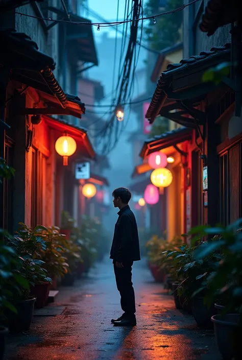 （Tilt Shift:1.4),Midnight Transit，Taipei Alley，A person standing in the alley,(colorful, best quality, detailed, On the table, Movie Lighting, 4K, Chiaroscuro)