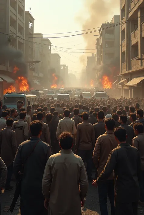 pakistani people all in one place joining hands to hands,police are standing and blocking there way, chaos everywhere cars are burning,all shops are closed