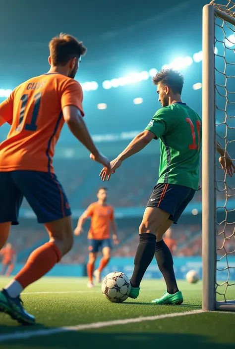 "The ball hits the post! ON A FUTSAL FIELD THE TEAM THE GOALKEEPER WITH A GREEN SHIRT AND THE OPPONENT WITH AN ORANGE SHIRT 