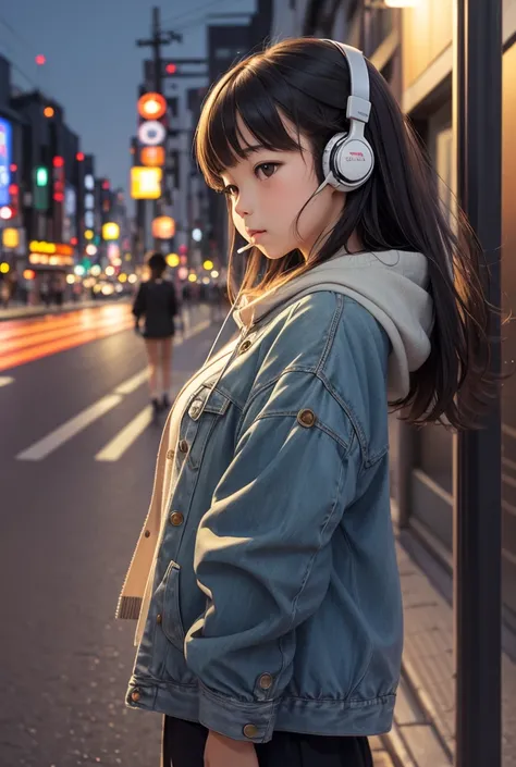 One girl, solo, High resolution, Simple Background, Close your mouth, Impressionism, masterpiece, headphone、Listening to music、Tokyo night view、Heading to the computer