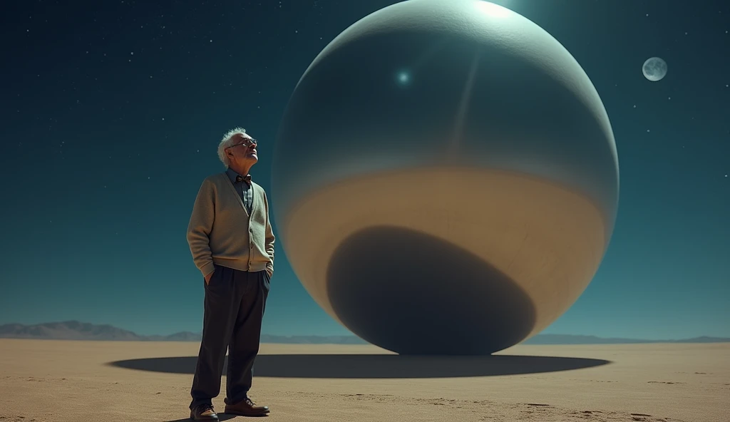 A massive smooth mirror-surfaced sphere hovers silently above the desert floor at night,  a kindly looking old man, cardigan sweater, bow tie, dark pants, brown shoes stands underneath the sphere, photo realistic