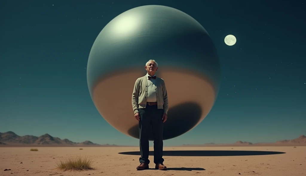 A massive smooth mirror-surfaced sphere hovers silently above the desert floor at night,  a kindly looking old man, cardigan sweater, bow tie, dark pants, brown shoes stands underneath the sphere, photo realistic