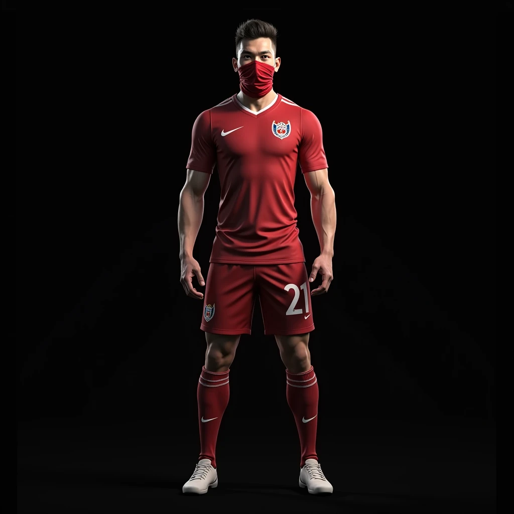 "A male soccer player from Indonesia, standing 175 cm tall and weighing 65 kg. He has well-defined, lean muscles in his arms, body, and legs, without being bulky. He is wearing the Indonesian national teams soccer jersey with the number 21 on the back. His...