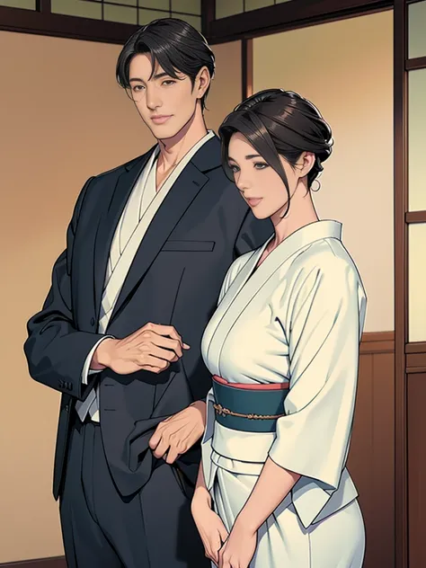 Double，Japanese Wind，Photorealism，detailed，masterpiece，Mature，Gentle men in suits and big-breasted women in kimonos，Smile，Standing，short hair
