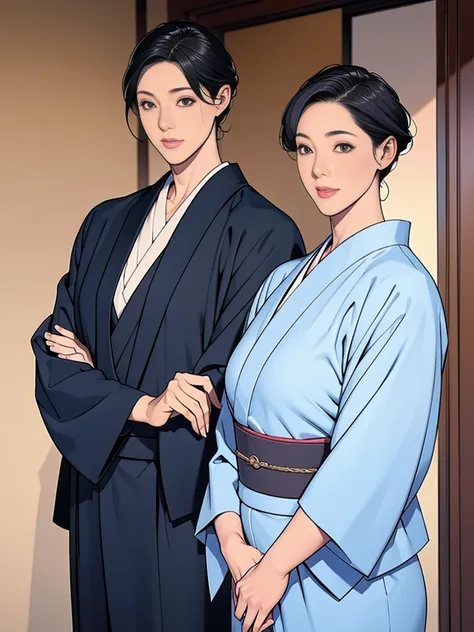 Double，Japanese Wind，Photorealism，detailed，masterpiece，Mature，Gentle men in suits and big-breasted women in kimonos，Smile，Standing，short hair
