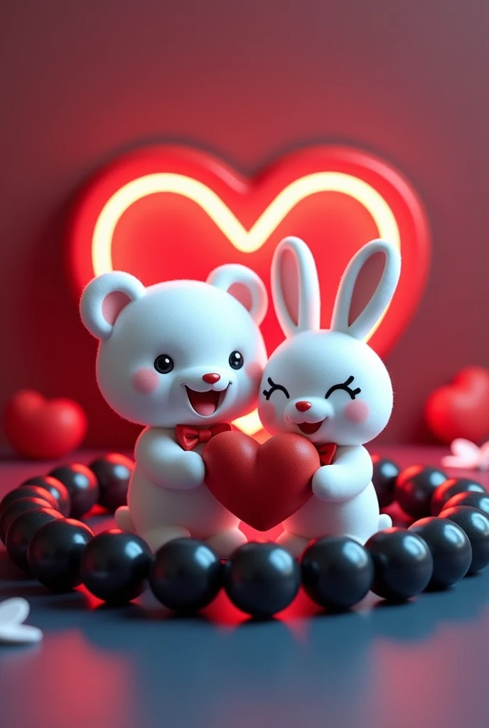 A 3D render of a white teddy bear and a white bunny rabbit wearing a red bow, smiling, holding a red heart "IMAN" written on it in Capital alphabets, are standing in a black beaded bracelet. The bracelet is sitting on a dark red and blue surface with a neo...