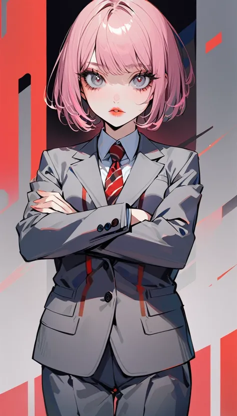 1woman, solo, pink hair, bob cut, gray eyes, droopy eyes, detailed eyes, eyelashes, light lips,  25years old, crossed arms, wear ((Gray suit with red stripes)) ,cowboy shot