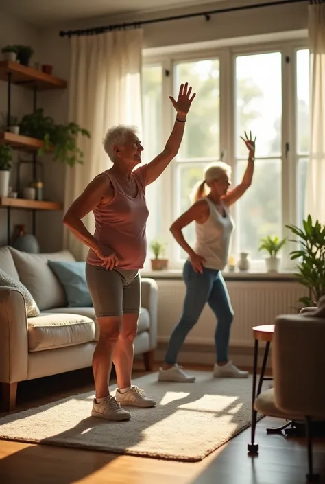 Peux-tu me réaliser une photo de personnes âgées qui pratiquent le sport en appartement