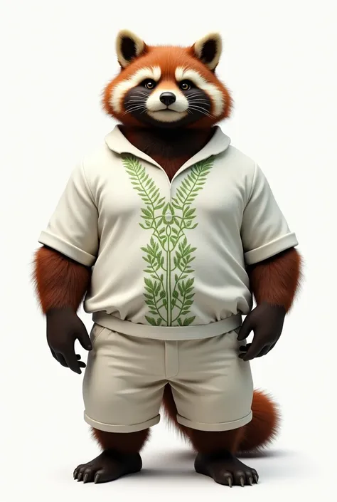 ((masterpiece, best quality, ultra detailed, 8k, photorealistic, hyperrealistic photo)), (Tanuki), Aloha with outline pattern of green leaves on white fabric, Off-white short pants, (muscularity), Background is white