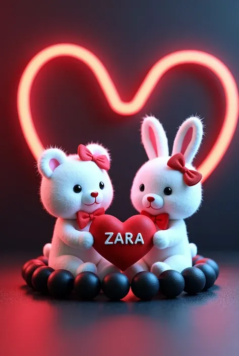 A 3D render of a white teddy bear and a white bunny rabbit wearing a red bow holding a red heart "ZARA" written on it in Capital alphabets, are standing in a black beaded bracelet. The bracelet is sitting on a dark red and blue surface with a neon red hear...