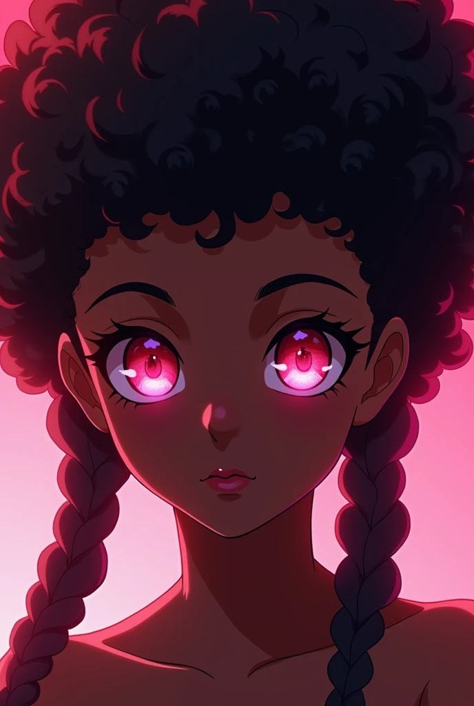 Solo, , Lueur dans les Yeux, yeux roses, cheveux afro attaché en 2 tresses,Cheveux Brillants, , peau de couleur noire ,style anime, Lécher les Lèvres, 